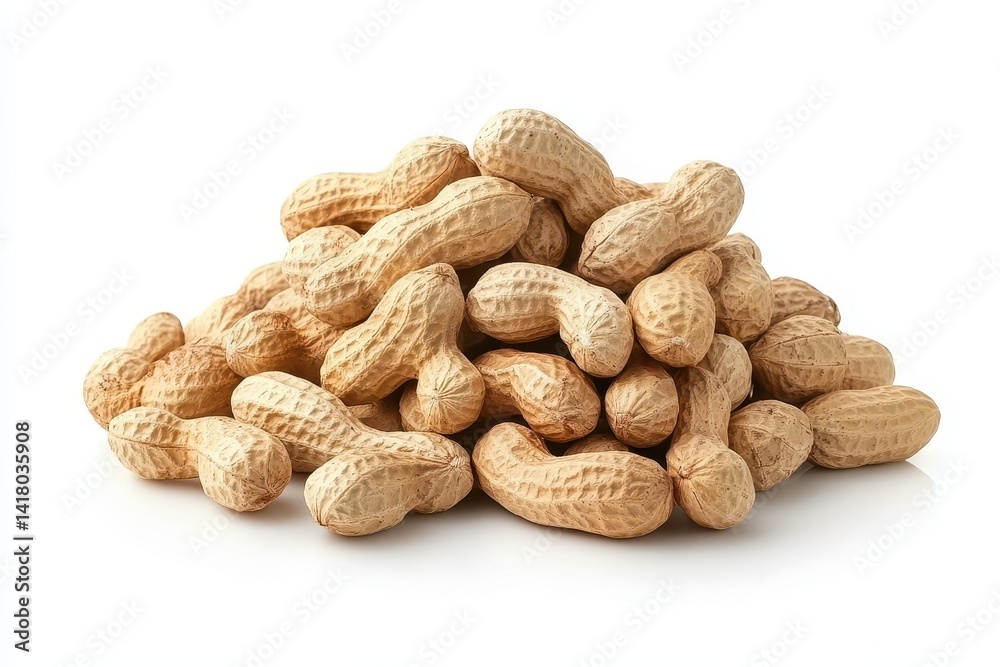 A mound of roasted peanuts perfect for snacking or cooking shown against a bright white background The nuts are in focus and display A mound of roasted peanuts perfect for snacking or cooking shown against a bright white background The nuts are in focus and display