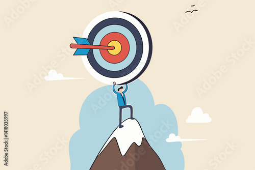 Business target, aiming high goal, objective or purpose, skill or aspiration to achieve target, precision or accuracy concept, success businessman holding big target with arrow hit bullseye center.