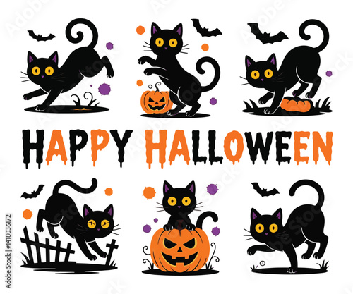 Set of halloween cats with pumpkins colorful vector illustration on white background