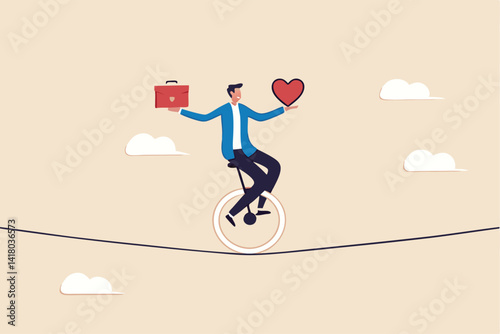 Work life balance, working lifestyle compromise with family or personal health, choice or balance between work stress and relaxation concept, businessman balance himself with heart and briefcase.