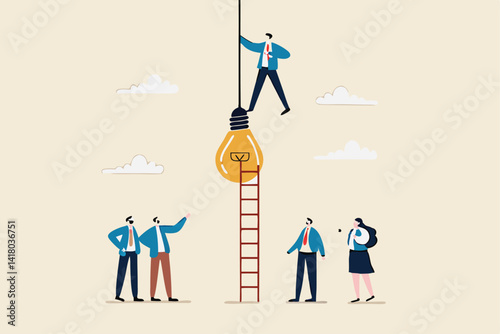 Initiative idea, leader or ambition to act to get solution and solve problem, courage to success or motivation and challenge concept, businessman initiate solution climb up lightbulb to get solution.