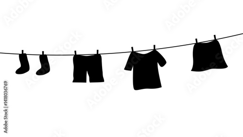 Black silhouette of clothing, including socks, shorts, a shirt, and a skirt, hanging on a clothesline with clothespins.