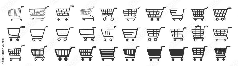 Shopping cart icon isolated on transparent. Trolley and grocery basket. Shopping cart icon set, flat and line style for E-commerce and retail Shopping cart icon isolated on transparent. Trolley and grocery basket. Shopping cart icon set, flat and line style for E-commerce and retail