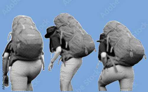 set rear view of women hiking wearing carrier backpack pixelate grayscale color halftone dotted texture style collage element isolated on blue background