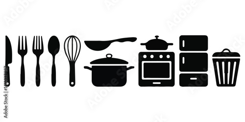 Kitchen Utensils and Appliances Silhouette Icons – Vector Set