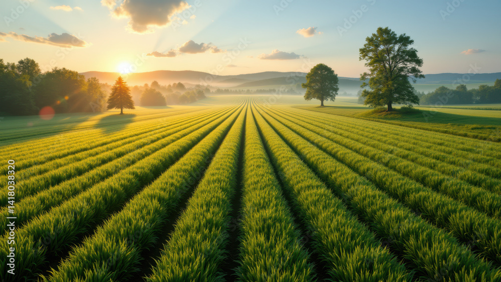 Vibrant green fields under a sun-filled sky at sunrise, reflecting agriculture's natural beauty. Vibrant green fields under a sun-filled sky at sunrise, reflecting agriculture's natural beauty.