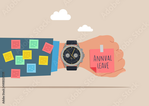 Businessman with wrist watch. Annual leave or day off to rest from hard work, schedule reminder of annual leave. Flat modern vector illustration.