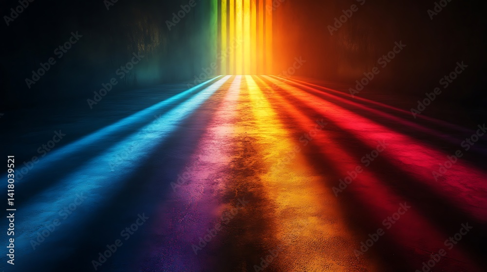 Rainbow light beams illuminate a dark, textured floor. Rainbow light beams illuminate a dark, textured floor.