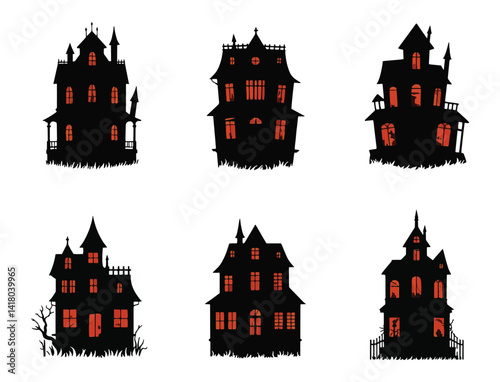 Set of halloween hunted house vector silhouette collection black color