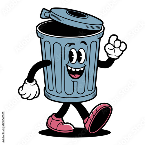 Cartoon walking trash can character with happy face and pink shoes on white background, vector image