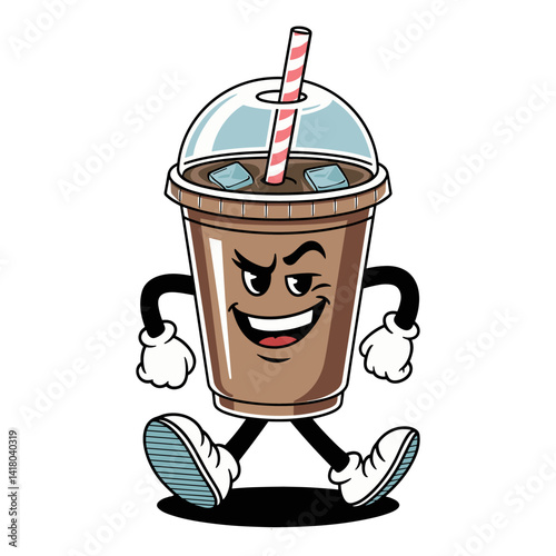 Walking iced coffee cup cartoon character with mischievous expression on white, vector groovy image