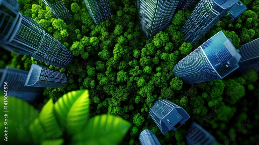 Skyscrapers rise prominently above a vibrant expanse of green trees, demonstrating the integration of nature within an urban environment. This view reflects a modern and eco-friendly city
