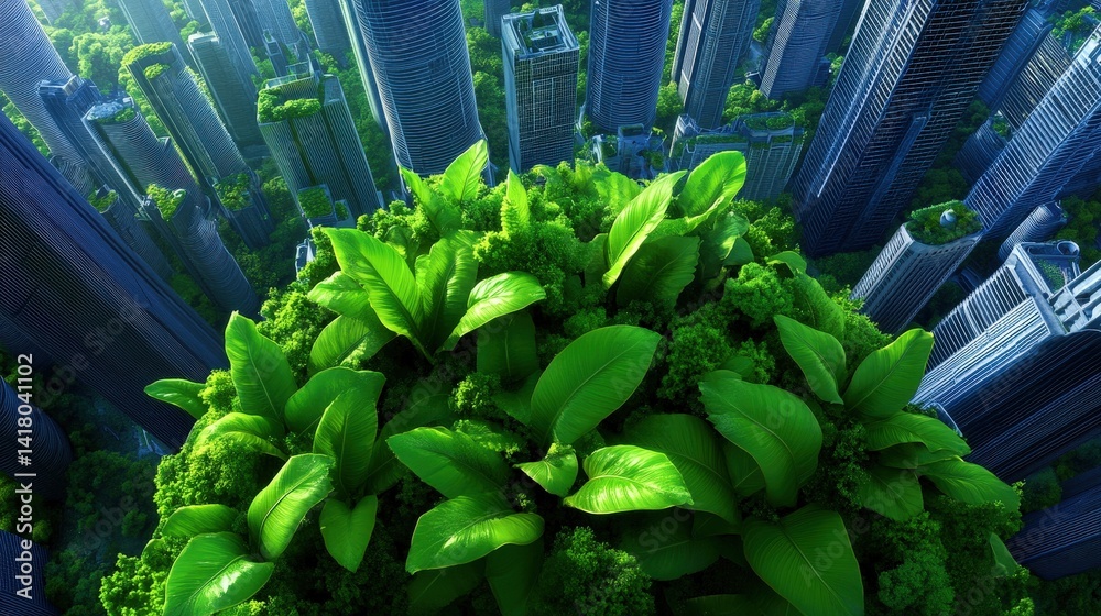 A unique view captures a collection of skyscrapers surrounded by abundant greenery