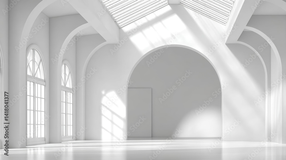 Fototapeta premium Bright and spacious interior with white walls and large windows, creating serene atmosphere
