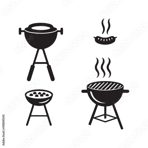 Vector illustration set of barbecue grill icons for kitchen, cooking food with grill silhouette symbols
