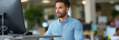 A young man is working diligently at a modern desk setup, showing a focused approach to his tasks while utilizing technology in a contemporary office environment.