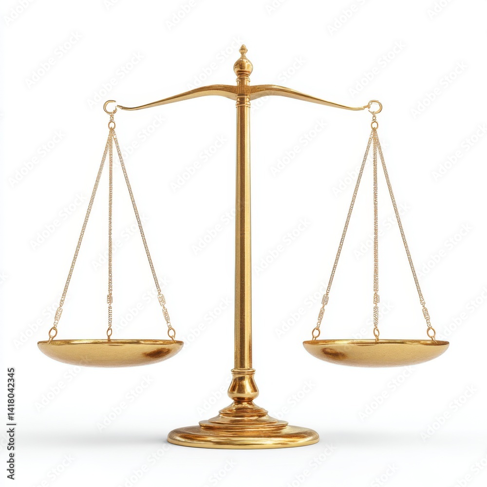 A golden scale of justice standing isolated on white background A golden scale of justice standing isolated on white background