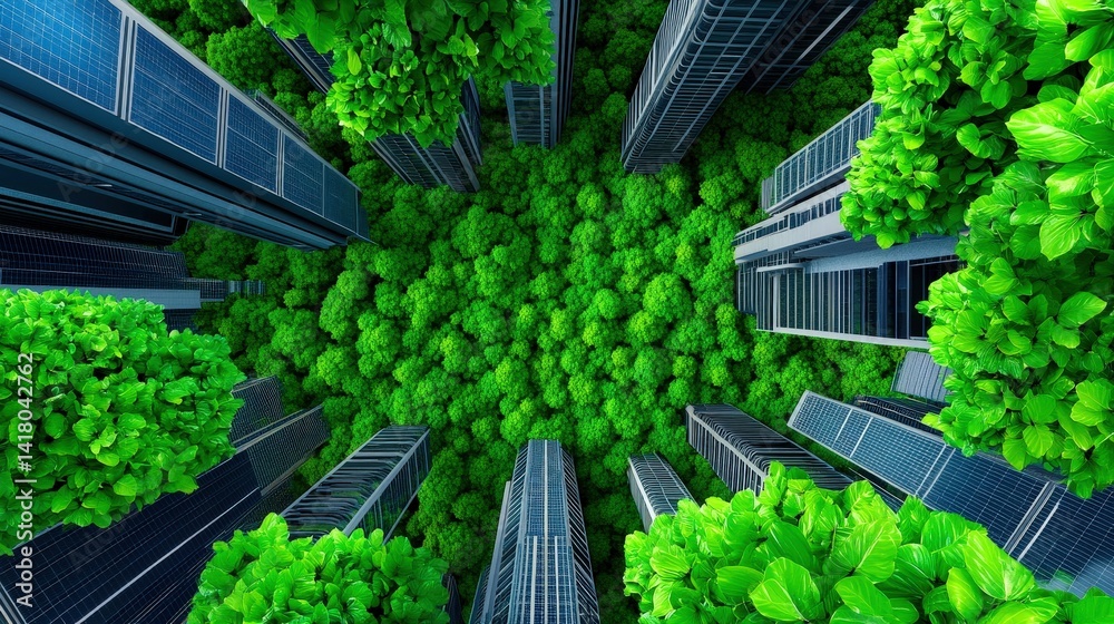 Vibrant green foliage emerges from the ground level, contrasting sharply with sleek skyscrapers under clear skies in a bustling urban setting, indicating a blend of nature and architecture