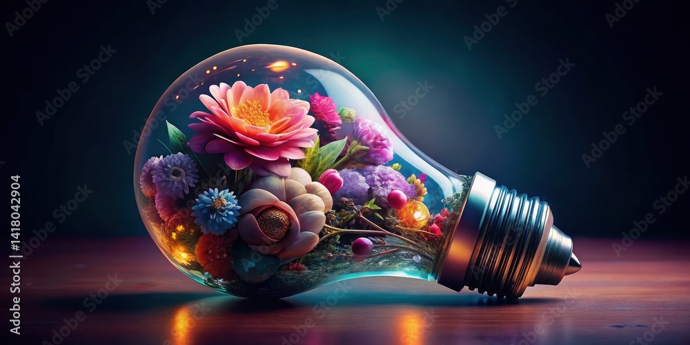 Blooming Bulb: Purple Floral Lightbulb Photography, Creative Flower Art, Surreal Flower Images