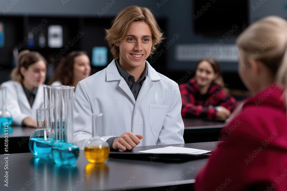 Fototapeta premium Young scientist discussing in lab with a classmate during a hands-on session