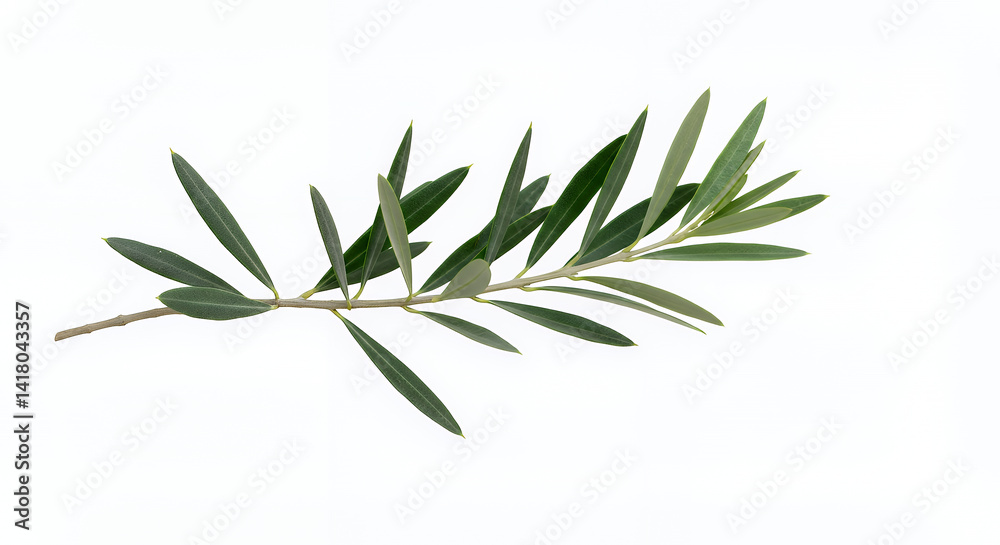 Fototapeta premium Fresh Green Olive Branch with Leaves Isolated on White Background Nature Botany Photography
