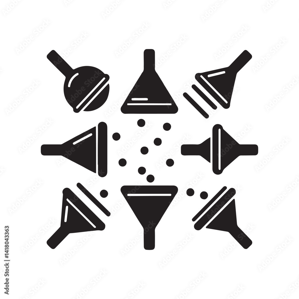 Obraz premium Black and white icons, laboratory equipment, funnels, beakers, flasks, trash can, measuring cup, scientific instruments, minimalist design
