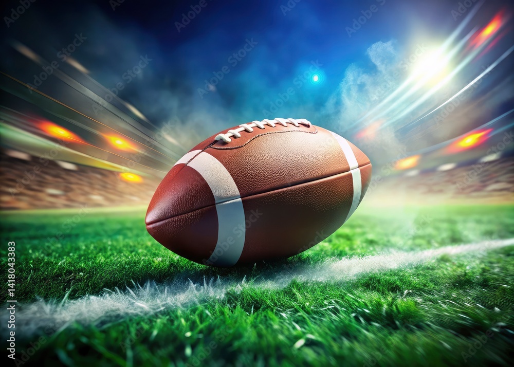 Blurred Football Action Shot, Stadium Closeup, High Depth of Field, Sports Photography, Motion Blur, Grass Field, Game Day
