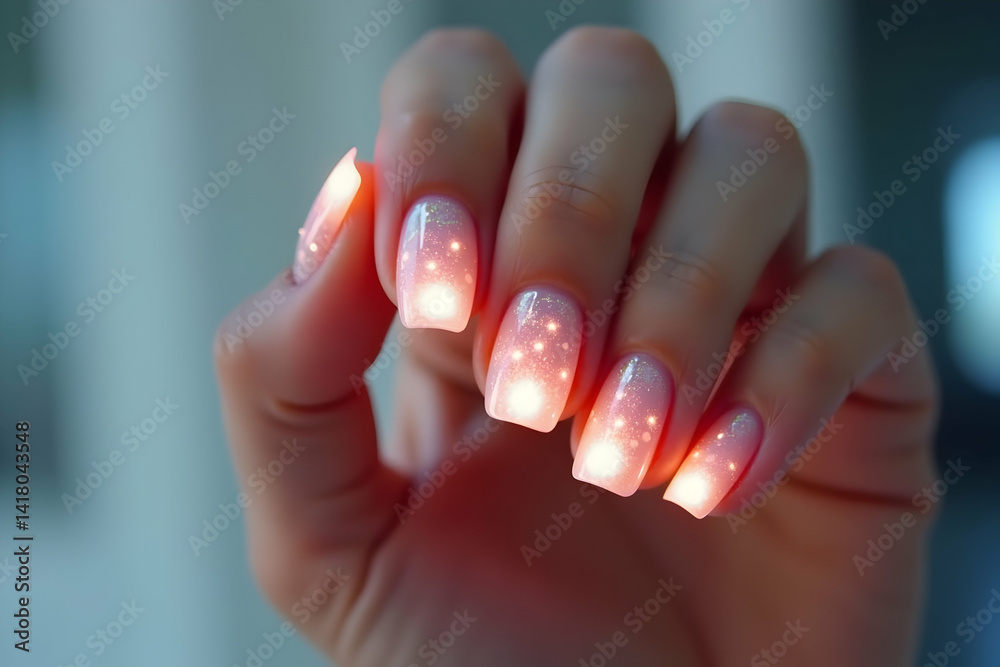 Close-up Image of an Illuminated Fingertips with Sparkles Design and Soft Tones, Creating a Unique and Captivating Visual Experience Featuring Light Effects and Hand Beauty Close-up Image of an Illuminated Fingertips with Sparkles Design and Soft Tones, Creating a Unique and Captivating Visual Experience Featuring Light Effects and Hand Beauty