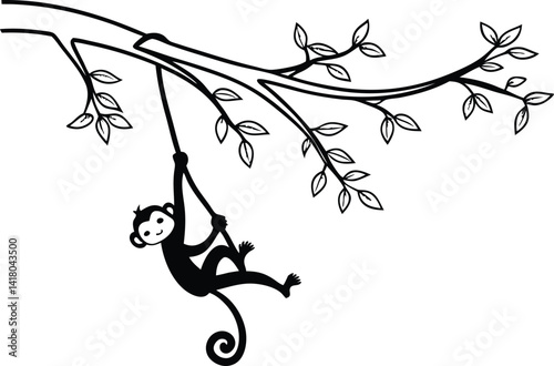 Monkey Swing Silhouette Vector, vector illustration of a branch of a tree