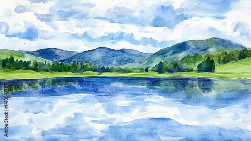 Watercolor lake reflecting cloudy sky mountains  green shoreline
