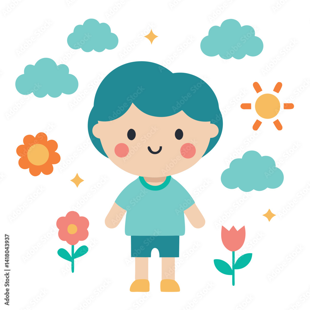Cute Kid Flower and Cloud Simple Design Illustration Cute Kid Flower and Cloud Simple Design Illustration