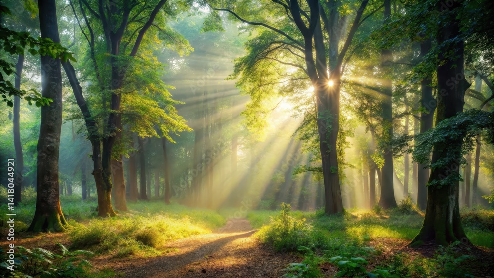 Fototapeta premium Dense foliage and towering trees stand in a misty woodland clearing, illuminated by a shaft of warm light that filters through the canopy above, natural light, serene landscape