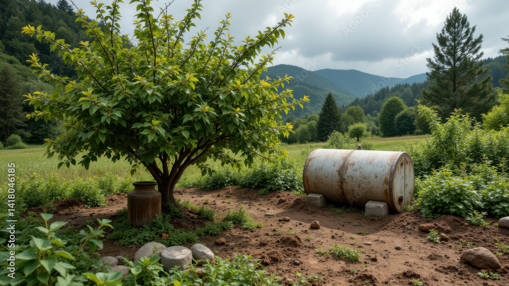 Fototapeta premium A rustic garden scene with a young fruit tree next to a large metal container, set against a backdrop of farmland and mountains under a cloudy sky.