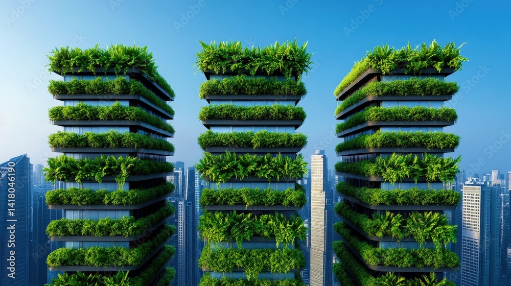 Three tall buildings adorned with lush greenery showcase innovative eco-friendly design in a bustling city. This urban landscape emphasizes sustainability and modern living
