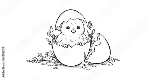 Adorable chick hatching from cracked Easter egg surrounded by spring flowers, a black and white line drawing