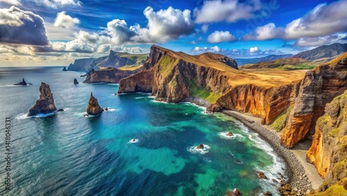 Panoramic view of Ponta de S?o Louren?o's rugged coastline with towering cliffs and crystal-clear turquoise waters stretching towards the horizon , scenic coastal views, madeira island photo