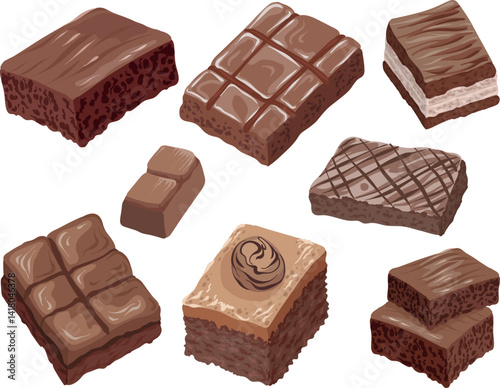 A vector illustration of a set of chocolate brownies in different shapes and styles, featuring rich textures, toppings, and layers