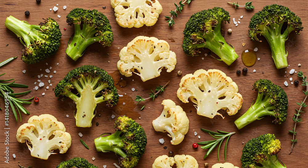 Fototapeta premium Roasted Broccoli And Cauliflower Florets On Wooden Surface Overhead Arrangement