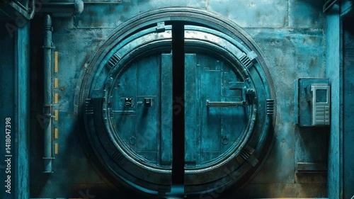 Massive Industrial Vault Door in Blue Metallic Room with Sci-Fi Atmosphere and Heavy Security Details