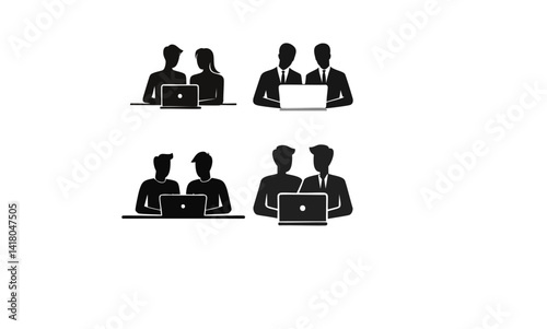 Colleagues Laptop Discussion Silhouette Vector Bundle