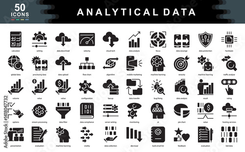 50 data analytics black icons showcasing processing, AI, metrics, cloud tech, and insights. Ideal for big data, digital marketing, machine learning, and information systems projects.