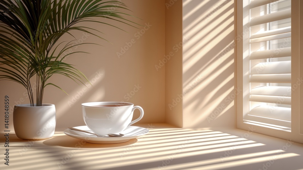 Fototapeta premium Sunlit corner with teacup, plant, and window blinds.