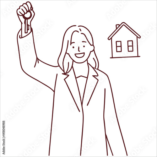 Smiling woman renter or tenant holding key in hands. Happy female celebrate moving or relocation to new own apartment or house style vector ...