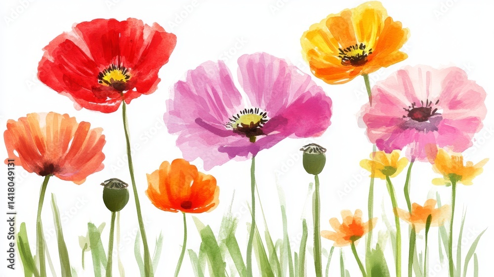 Obraz premium Watercolor poppies A vibrant meadow in delicate washes of red pink orange and yellow