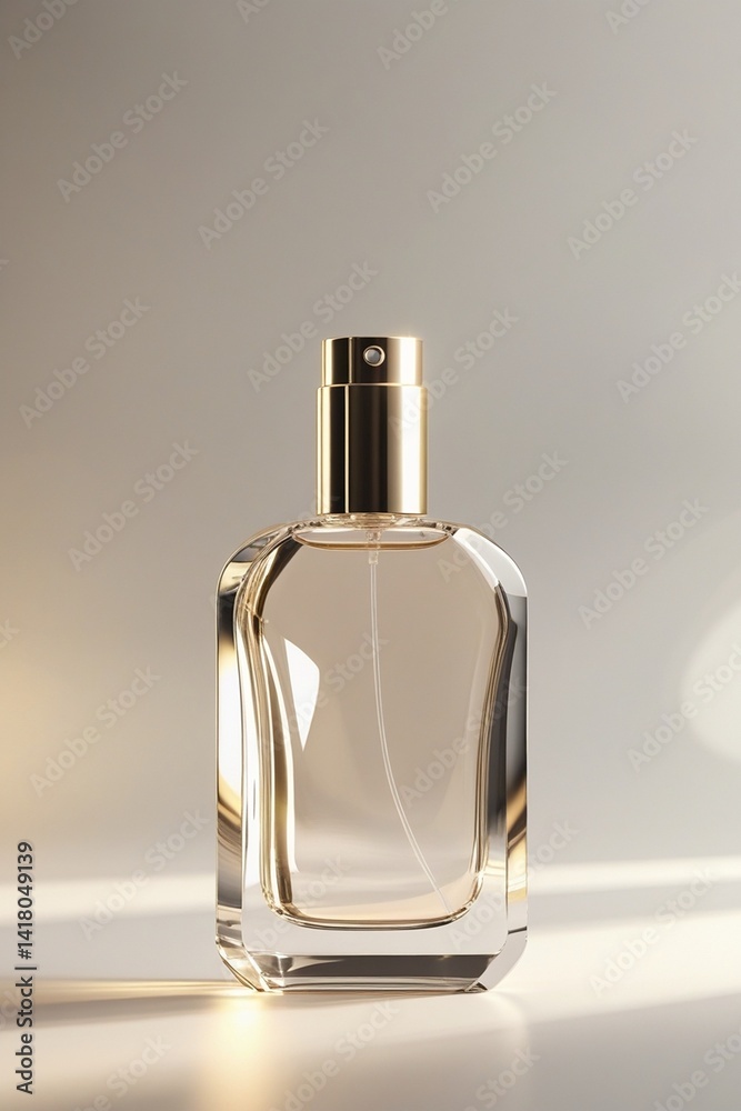 A high-quality, elegant perfume bottle with a minimalist and luxurious design, made of crystal-clear glass with soft reflections and highlights. A high-quality, elegant perfume bottle with a minimalist and luxurious design, made of crystal-clear glass with soft reflections and highlights.