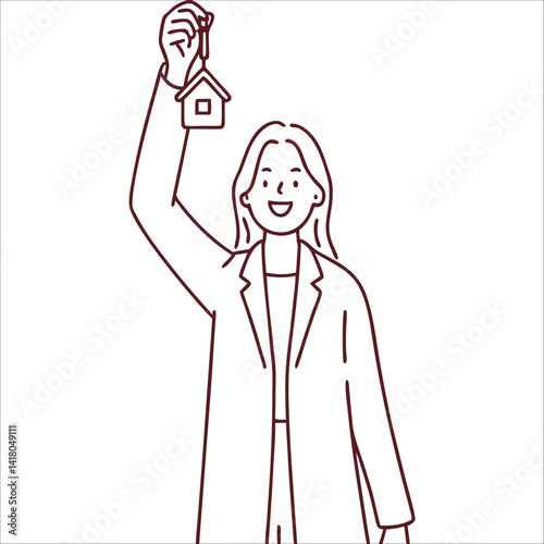 Smiling woman renter or tenant holding key in hands. Happy female celebrate moving or relocation to new own apartment or house style vector ...