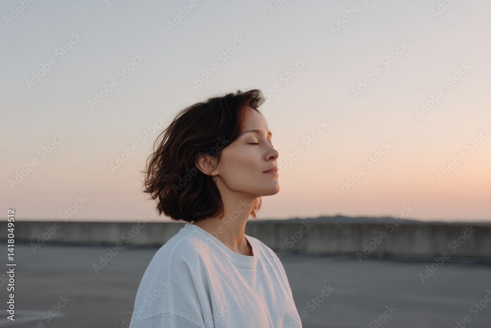portrait of young asian woman meditating on rooftop scar from surgery visible on her chest portrait of young asian woman meditating on rooftop scar from surgery visible on her chest
