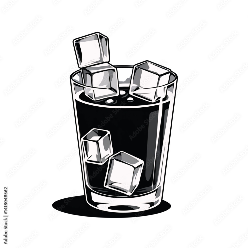 Black and White Cold Drink with Ice Cubes Illustration
