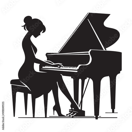 Concert Pianist silhouette, performing under the spotlight – Piano illustration – Minimalist Piano vector – Musical instrument silhouette

