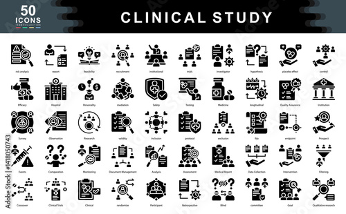 The Clinical Study black icon set highlights essential elements of scientific trials and medical research.ideal for illustrating protocols, data validation, risk evaluation, and regulatory compliance.
